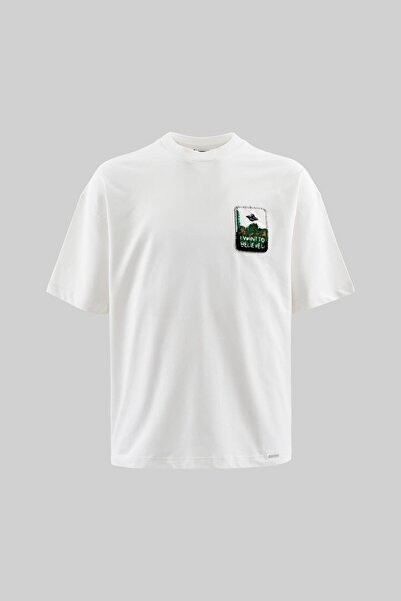 Machinist Men's Alien Embroidery Oversize Ecru T-Shirt