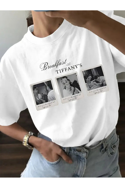 AEMİ Unisex Doručak kod Tifanija Štampano 100% pamuk Oversize kroj T-shirt