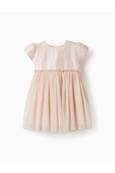 Ziddy Dress with Tulle Skirt and Golden Glitter for Baby Girls, Pink