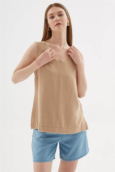 Fashion Friends Γυναικεία Μπλούζα V-Neck Λινό Μπεζ 25y0530k1