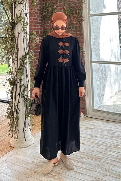 lamelif Δερμάτινο Λεπτομερές Μουσουλμανικό Φόρεμα Μαύρο