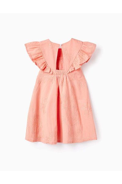 Ziddy Cotton Dress with Embroidery and Ruffles for Baby Girls, Coral