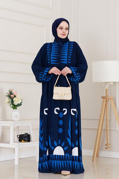 Sevitli Half Button Robe Hülya Dress-Navy Blue