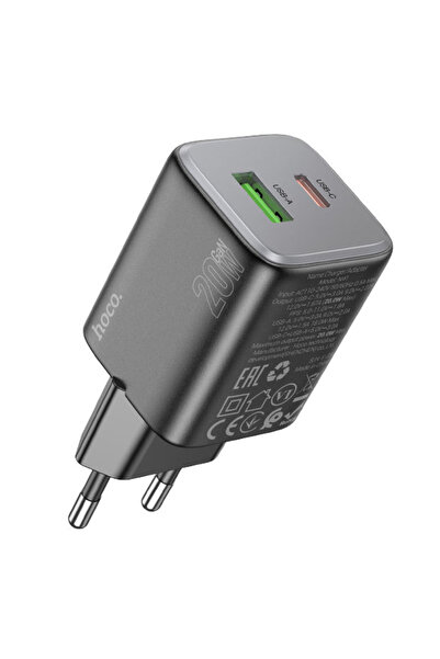 REDz Accessories Mufă de încărcare cu 2 porturi, Hoco N41, Tip-C + USB, Încărcare rapidă 20W, Negru