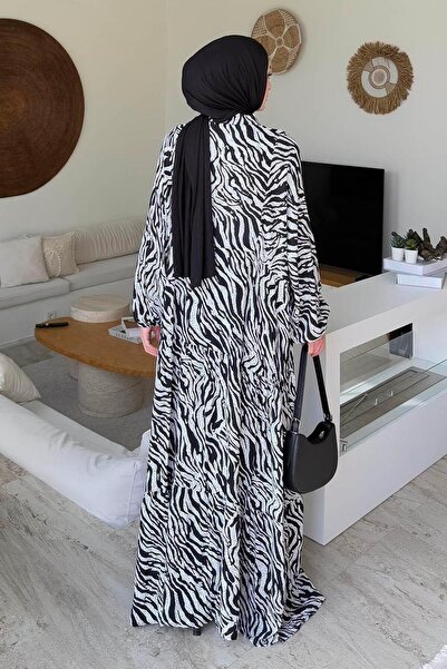 lamelif Φόρεμα Hijab με μανίκια με στάμπα ζέβρας μαύρο