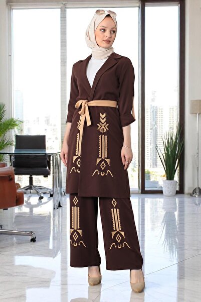 Missvalle Κέντημα Λεπτομερές Κοστούμι Καφέ 19002