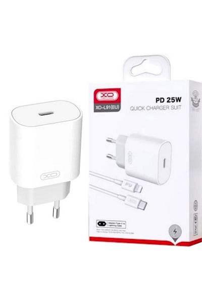 REDz Accessories Xo-l91 Eu Charger Adapter And Lightning Cable, For Iphone, Fast Charging 25w, White