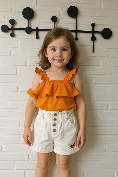 Minigimin Cicileri My Little One's Ciciler Ruffle Strap Girls' Tank Top & Watermelon Detailed Shorts Set - Orange