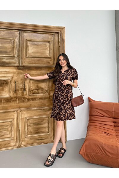 LİMABEL Γυναικείο πουκάμισο γιακά Καφέ Κοντό Φόρεμα Καλοκαιρινό Φόρεμα Καφέ Φόρεμα Καφέ Φόρεμα