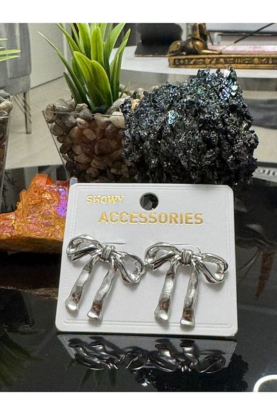 Asef Hediye Silver Color Ribbon Model Stainless, Tarnish-Free Steel Earrings