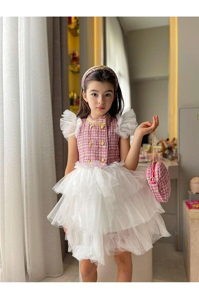 Hilal Akıncı Kids Girl's Fabric Tutu Skirt and Tutu Sleeve Fluffy Dress Hair Crown Bag Set of 3