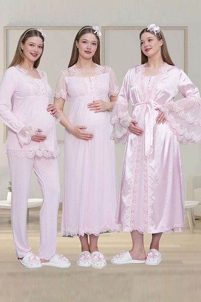 lohusahamile Pink Maternity Pajamas, Nightgown and Satin Dressing Gown Set of 4