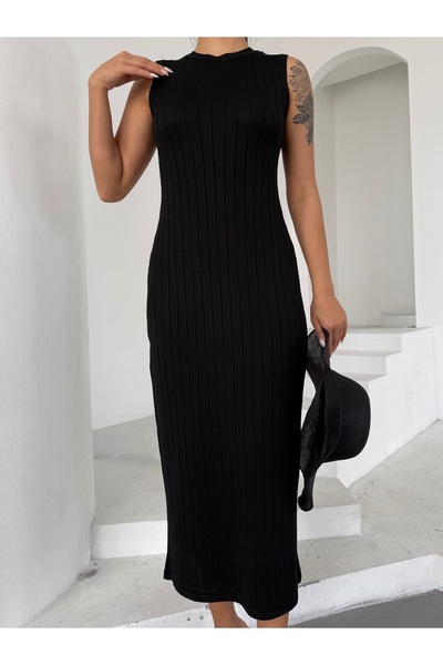 KENZA'A TRİKO Kadın Bisiklet Yaka Fitilli Sıfır Kol Elbise