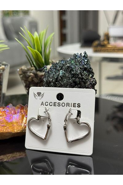 Asef Hediye Silver Color Heart Model Stainless, Tarnish Free Steel Earrings