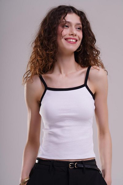 AFLOOW Women's White Contrast Piping Detailed Rope Strap Ribbed Undershirt