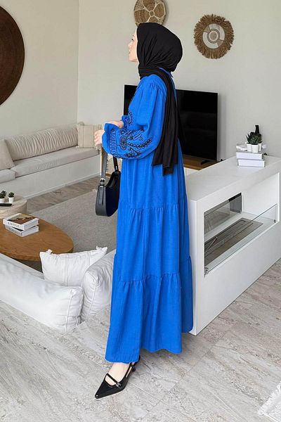 lamelif Φόρεμα Hijab Κεντημένο Τουλίπα Saks Blue
