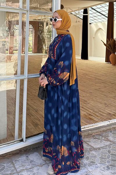 lamelif Φόρεμα Hijab με έθνικ μοτίβο με νυχτερίδα