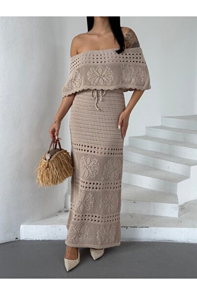 KENZA'A TRİKO Γυναικείο φόρεμα με κορδόνια με γιακά Madonna