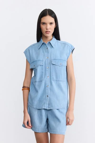 Gusto Cămașă din denim cu mânecă joasă -Albastru