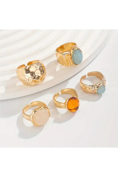 Takıtolia Sandy - 5 Pieces Crystal Blue Orange Stone Stylish Design Vintage Multiple Gold Gold Ring Set