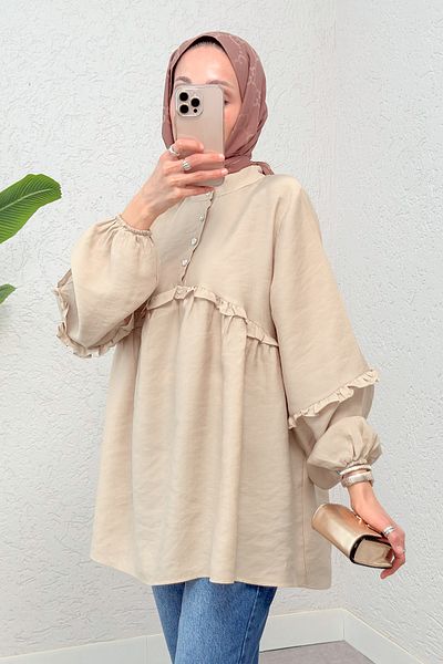 Salih Çelebi Frilly Balloon Sleeve Tunic 2295 - Beige