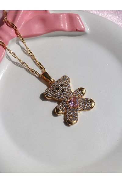 Reorah Collection Teddy Bear Necklace-Colored Teddy Bear Necklace with Zircon Stone