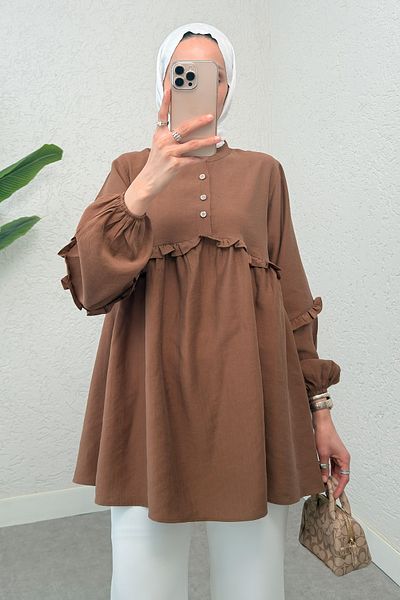 Salih Çelebi Frilly Balloon Sleeve Tunic 2295 - Brown