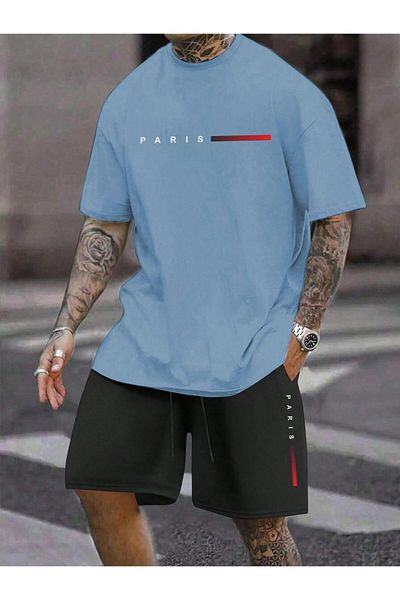 NO 601 Baby Boy Blue Red Paris Printed Oversize Tshirt Black Short Set