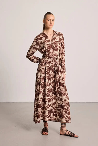 Gusto Butterfly Collection Long Sleeve Viscose Dress - Brown