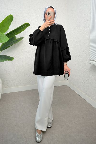 Salih Çelebi Frilly Balloon Sleeve Tunic - Black