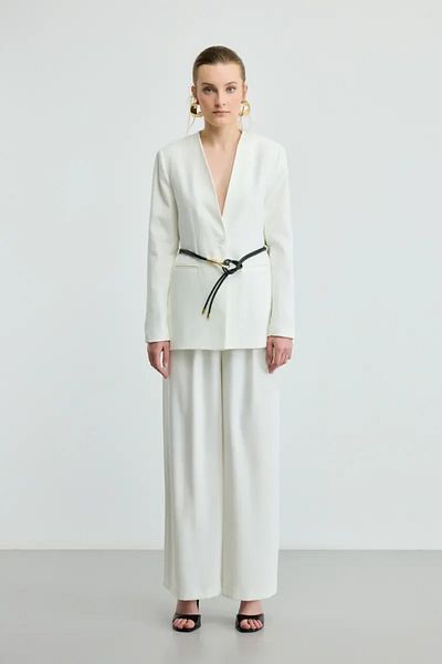 Gusto V-Neck Crepe Jacket with Leather Belt Accessories - Ecru