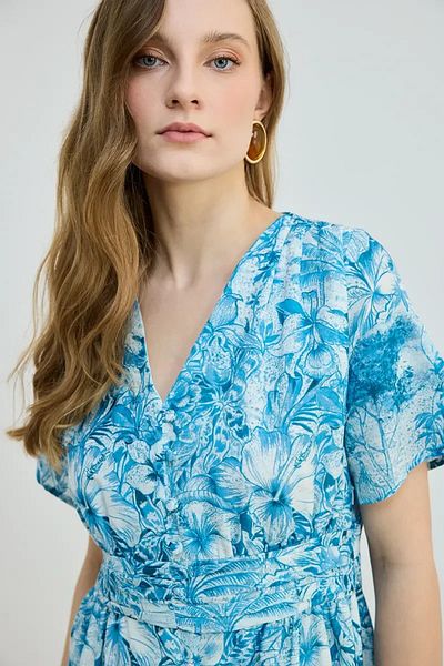 Gusto Rochie lungă cu model cu decolteu în V - albastru