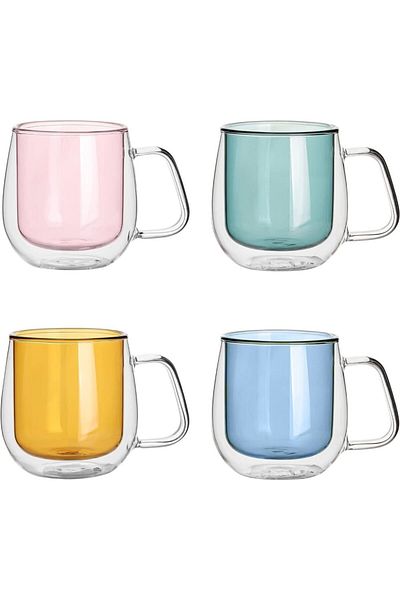 Quasar & Co. Set 4 Cesti Cu Pereti Dubli ®, Termorezistente, Model Rotund,4x250 Ml,sticla,albastru