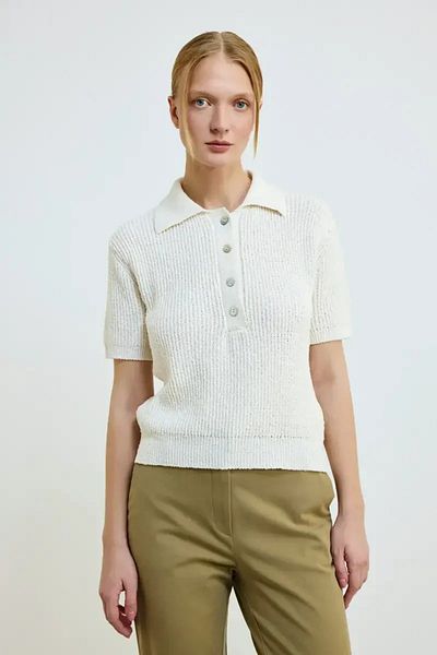 Gusto Cotton Short Sleeve Knitwear Blouse - Ecru