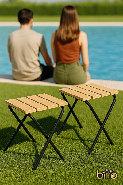 Bino 2 ADET Kamp ve Bahçe Taburesi Sandalye Suya Dayanıklı Şık Ahşap Tasarım Katlanır Ahşap Kamp Taburesi
