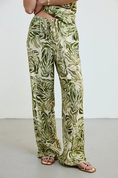 Gusto Patterned Wide Leg Trousers with Elastic Waist - Khaki