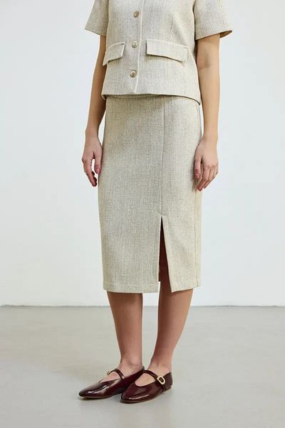 Gusto Cotton Tweed Skirt with Front Slit - Ecru
