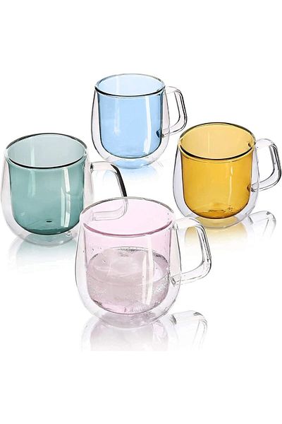 Quasar & Co. Set 4 Cesti Cu Pereti Dubli ®, Termorezistente, Model Rotund,4x250 Ml,sticla,albastru