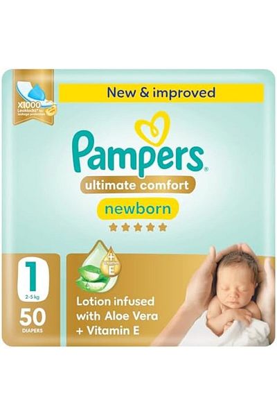 Pampers Ultimate Comfort Taped Diapers, Size 1, 2-5kg, Lotion infused with Aloe Vera and Vitamin E,