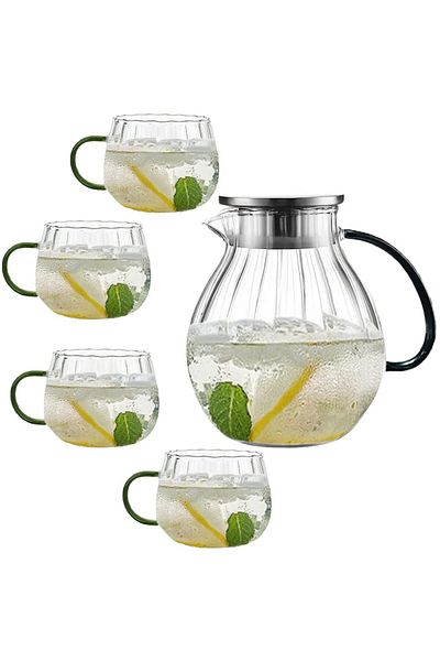 Quasar & Co. Kettle Set With 4 Cups, With Filter, Lid, 1600 Ml/4x400 Ml, Borosilicate Glass/Stainless Steel