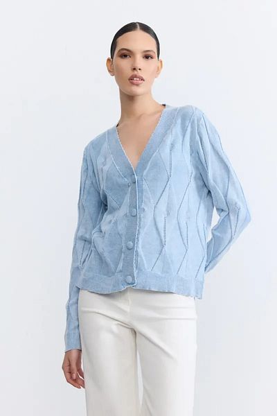 Gusto Cardigan albastru din tricotaj din bumbac ajurat