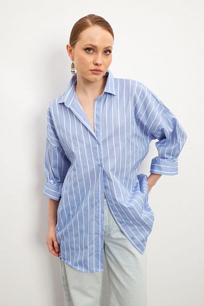 Know Women's Blue Oversize Double Color Striped Shirt