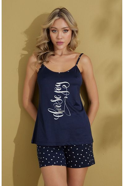 bie's Women's Patterned Crew Neck Buttonless Cotton Summer Rope Strap Sleeve Mini Shorts Pajama Set