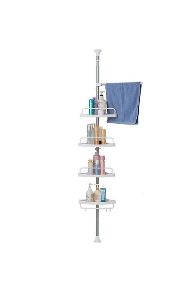 NEXTLY Extendable shelf with 4 shelves and hanger, NEXTLY, corner type, for bathroom, 3 hooks, 100-260cm, white