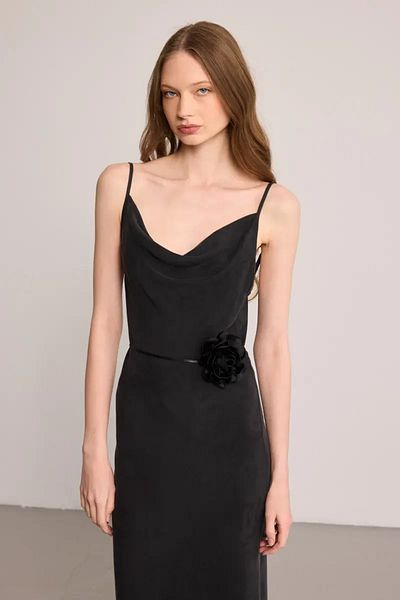 Gusto Thin Strap Lyocell Dress with Decorated Collar - Black