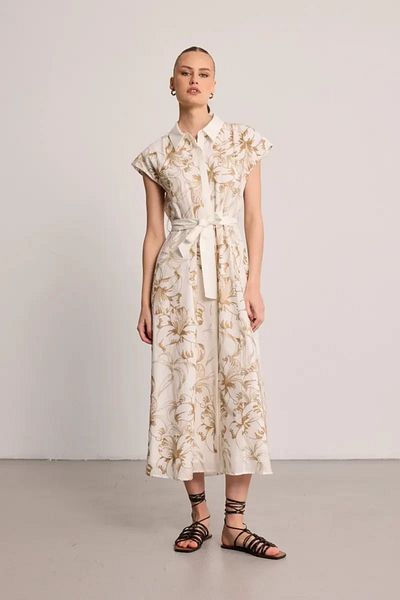 Gusto Embroidered Long Lined Dress with Belt - Beige