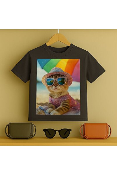 Kedi baskılı Tşört 3 12 yaş Arası Taş Desen Görümlü Çocuk t-shirt