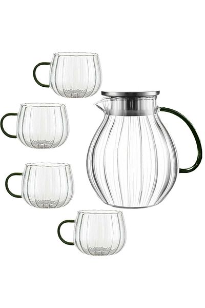 Quasar & Co. Kettle Set With 4 Cups, With Filter, Lid, 1600 Ml/4x400 Ml, Borosilicate Glass/Stainless Steel
