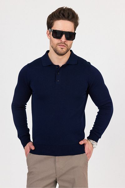 hateko Pure 100% Cotton Navy Blue Polo Neck Knitwear Sweater