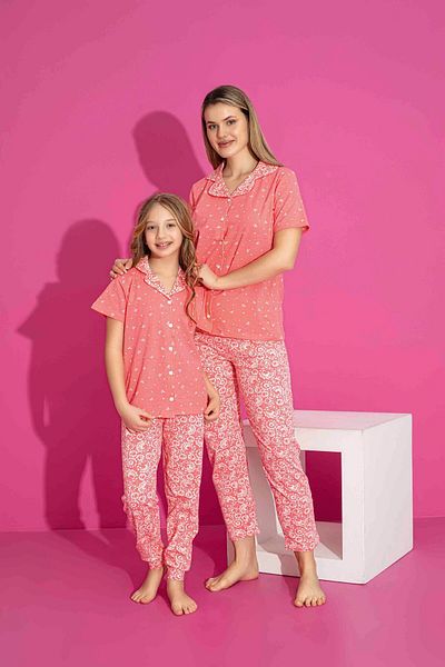 Tarık Mother Daughter Combination Short Sleeve Shirt Long Bottom Lycra Combed Cotton Fabric Medium Thick Pajama Set-